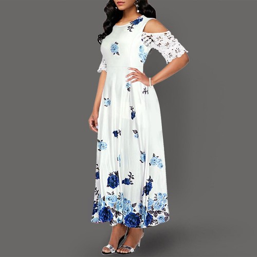  Fancy Floral Printed Sleeveless Cold Shoulder Maxi Dress - Blue |image
