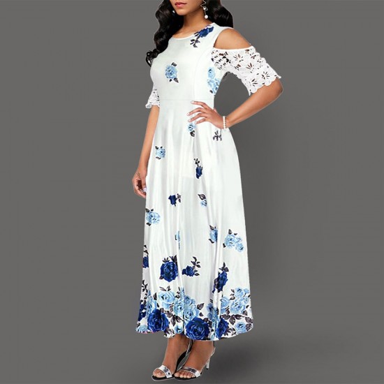 Showing images for Fancy floral sleeveless cold shoulder maxi dress -blue Fancy Floral Printed Sleeveless Cold Shoulder Maxi Dress - Blue |image