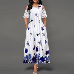 Fancy Floral Printed Sleeveless Cold Shoulder Maxi Dress - Blue 