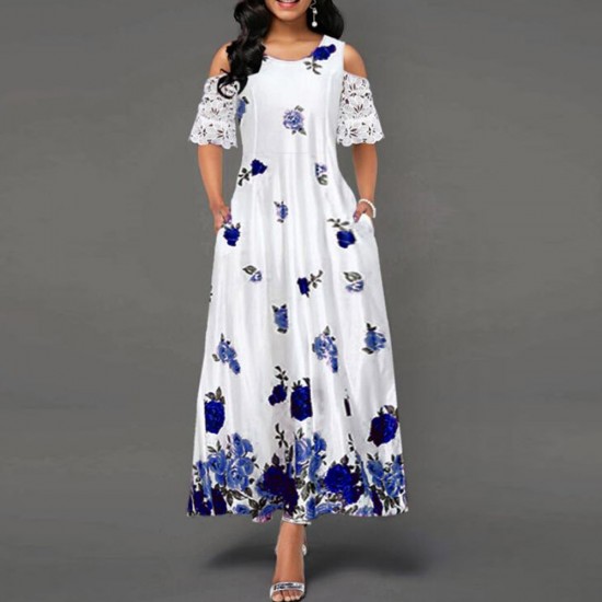 Showing images for Fancy floral sleeveless cold shoulder maxi dress -blue Fancy Floral Printed Sleeveless Cold Shoulder Maxi Dress - Blue |image