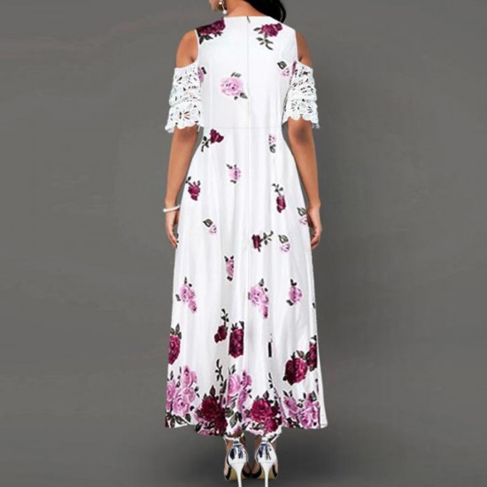 Fancy Floral Printed Sleeveless Cold Shoulder Maxi Dress - Red |image