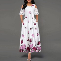 Fancy Floral Printed Sleeveless Cold Shoulder Maxi Dress - Red 