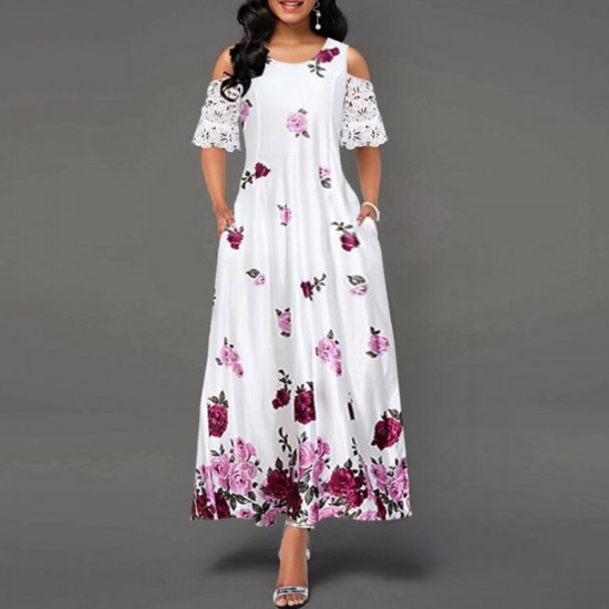 Fancy Floral Printed Sleeveless Cold Shoulder Maxi Dress - Red |image