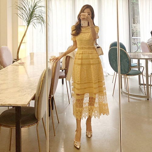 Trending Style Round Neck Mid Calf Lace Dress - Yellow |image