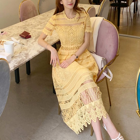 Trending Style Round Neck Mid Calf Lace Dress - Yellow |image