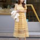 Trending Style Round Neck Mid Calf Lace Dress - Yellow |image