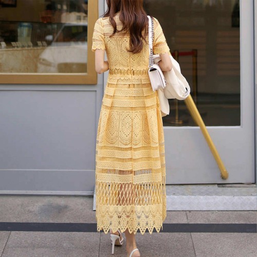 Trending Style Round Neck Mid Calf Lace Dress - Yellow |image