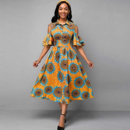 Classy Off Shoulder African Style Midi Pleated Gown - Orange |image