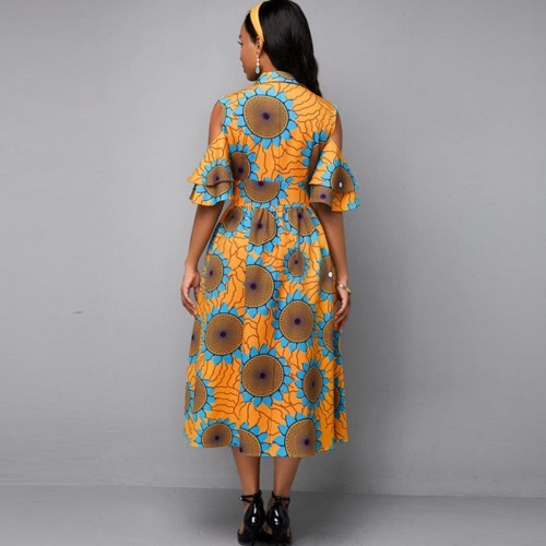Classy Off Shoulder African Style Midi Pleated Gown - Orange |image