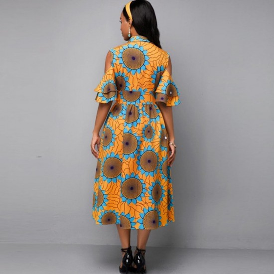 Classy Off Shoulder African Style Midi Pleated Gown - Orange |image