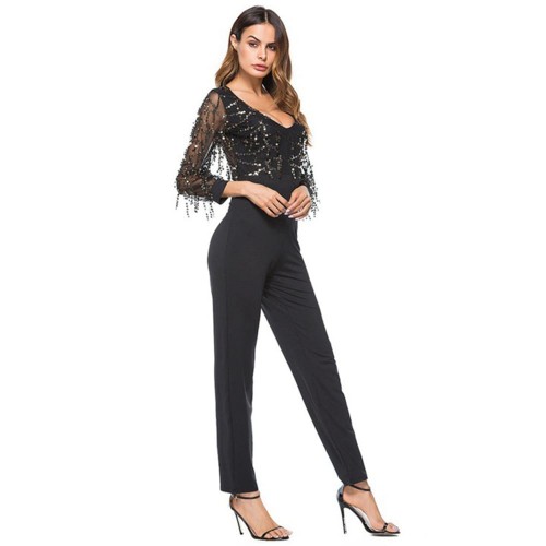 Beautiful V-Neck Sequined Design Jumpsuit - Black |image