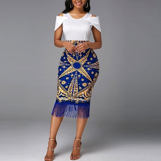 Elegant Off Shoulder Trending Style Tassel Midi Dress - Blue |image