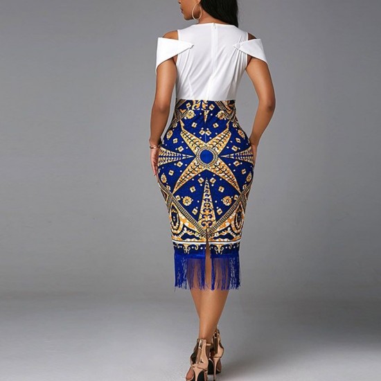 Elegant Off Shoulder Trending Style Tassel Midi Dress - Blue |image