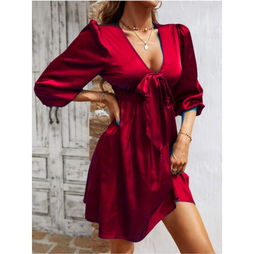 Solid Color Lantern Sleeves Deep V-neck Short Dress - Red |image