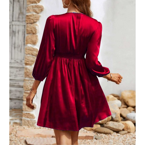 Solid Color Lantern Sleeves Deep V-neck Short Dress - Red |image