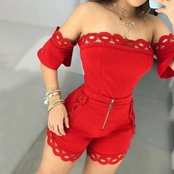  Trendy Off Shoulder Top and Shorts 2 Piece For Ladies-Red 