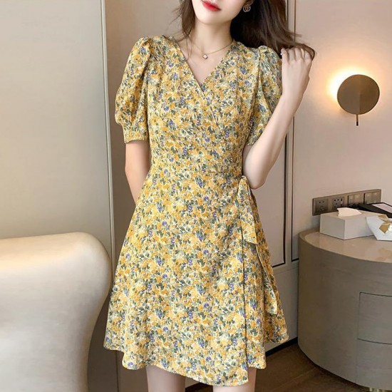 Ladies Short Sleeve V-Neck Printed A-Line Wrap Dress - Yellow |image