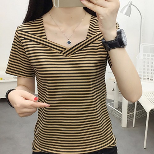 Women's Striped Short Sleeve V-Neck Blouse - Brown |image