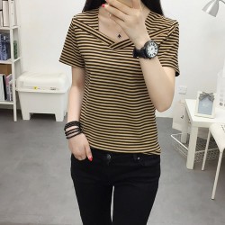 Women's Striped Short Sleeve V-Neck Blouse - Brown