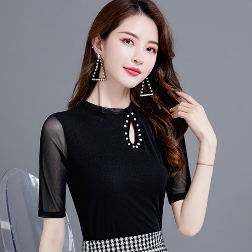 Ladies Round Neck Sheer Mid Sleeves Blouse - Black |image