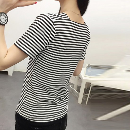 Women's Striped Short Sleeve V-Neck Blouse - White |image