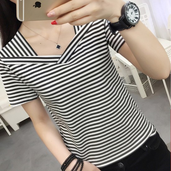 Women's Striped Short Sleeve V-Neck Blouse - White |image