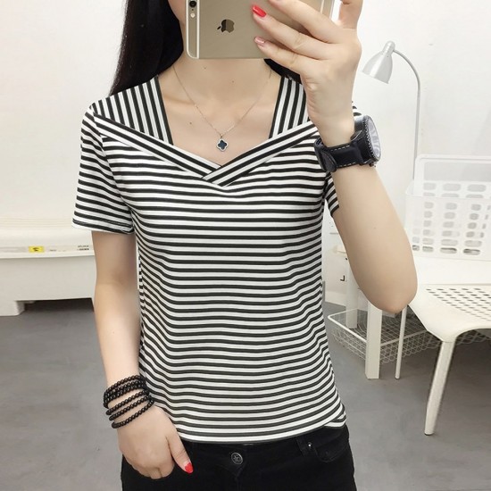 Women's Striped Short Sleeve V-Neck Blouse - White |image