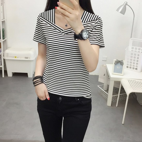 Women's Striped Short Sleeve V-Neck Blouse - White |image