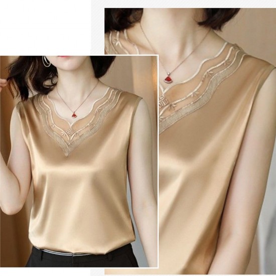 Ladies Sleeveless V-Neck Satin Blouse With Lace - Gold |image