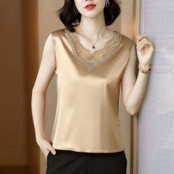 Ladies Sleeveless V-Neck Satin Blouse With Lace - Gold 