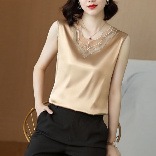 Ladies Sleeveless V-Neck Satin Blouse With Lace - Gold |image