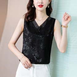 Sleeveless V-Neck Blouse With Chiffon Insert- Black