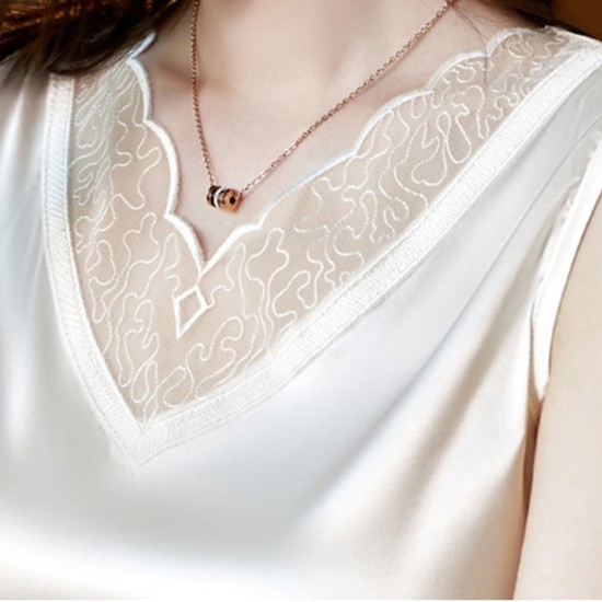 Solid Color Ladies Silk Satin Sleeveless Top - White |image