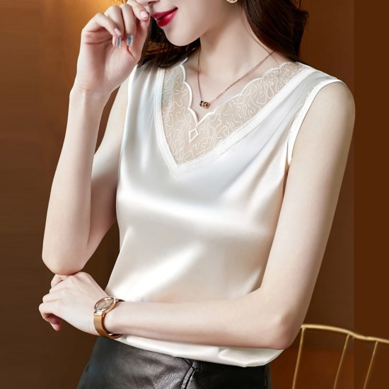 Solid Color Ladies Silk Satin Sleeveless Top - White |image