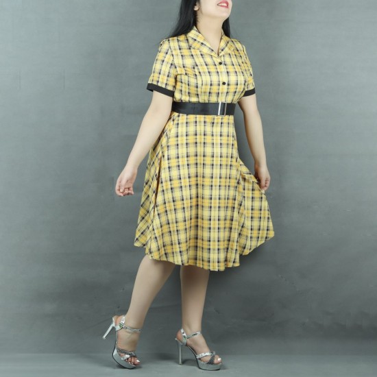 CVintage Style Geometric Printed Midi Dress With Belt - Yellow |image