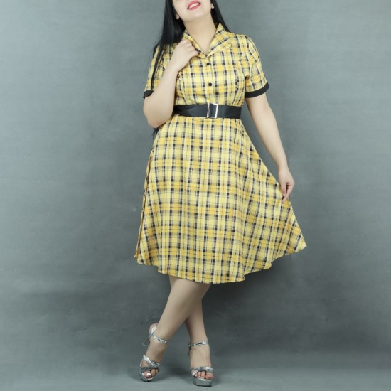 CVintage Style Geometric Printed Midi Dress With Belt - Yellow |image