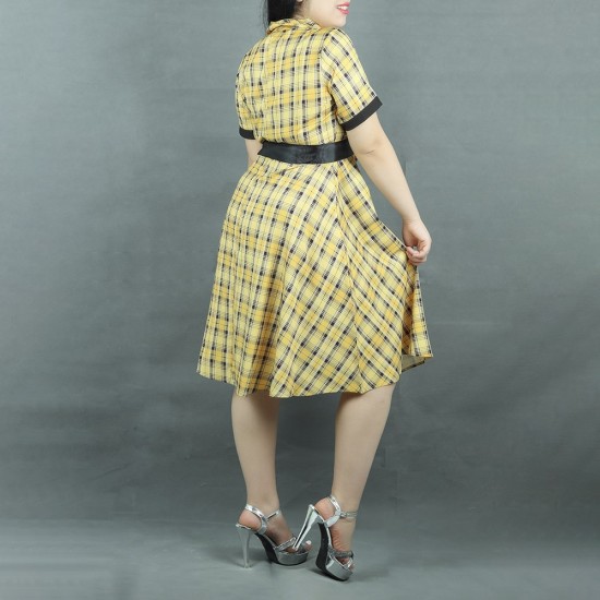 CVintage Style Geometric Printed Midi Dress With Belt - Yellow |image