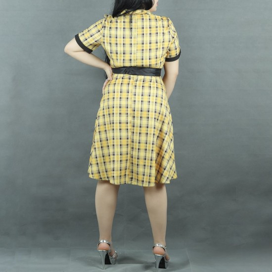 CVintage Style Geometric Printed Midi Dress With Belt - Yellow |image