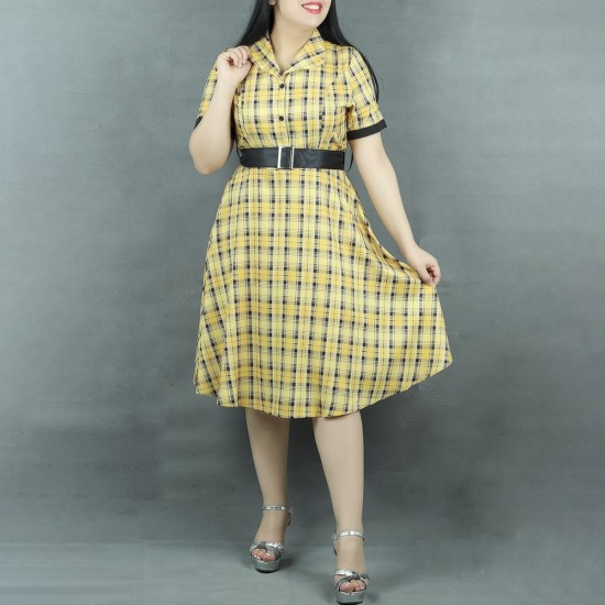 CVintage Style Geometric Printed Midi Dress With Belt - Yellow |image