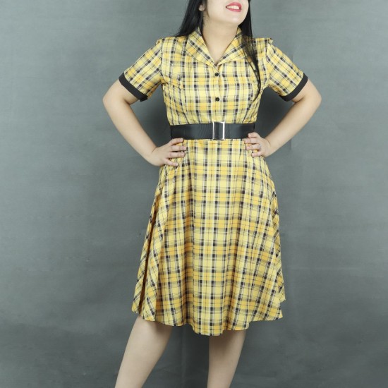 CVintage Style Geometric Printed Midi Dress With Belt - Yellow |image