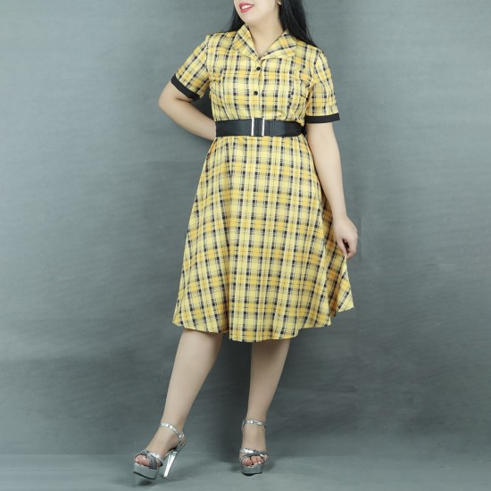 CVintage Style Geometric Printed Midi Dress With Belt - Yellow |image