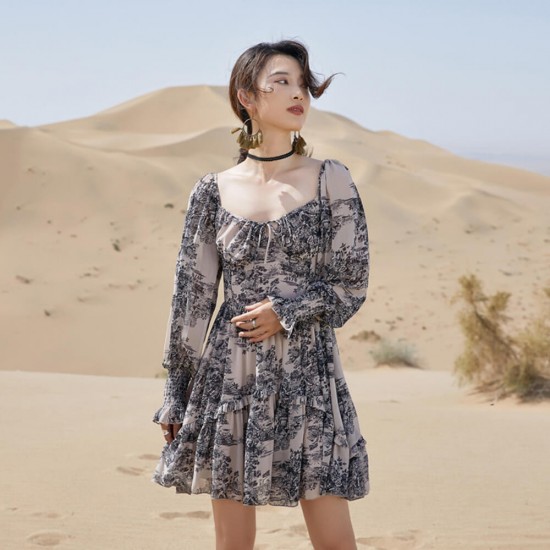 Showing Images for Beautiful Long Sleeve Flared Short Printed Dress - Grey Beautiful Long Sleeve Flared Short Printed Dress - Grey |image