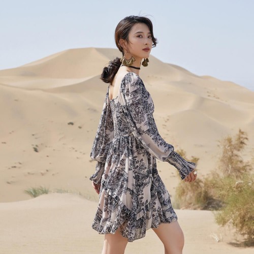 Beautiful Long Sleeve Flared Short Printed Dress - Grey |image