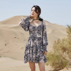 Beautiful Long Sleeve Flared Short Printed Dress - Grey