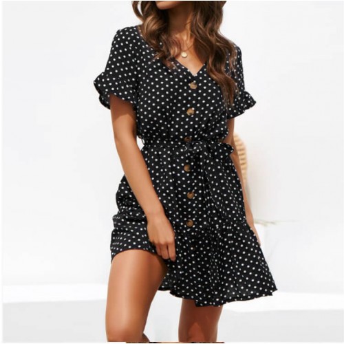 Polka Dot Short Sleeve V-Neck Short Dress - Black |image