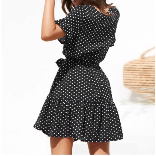 Polka Dot Short Sleeve V-Neck Short Dress - Black |image