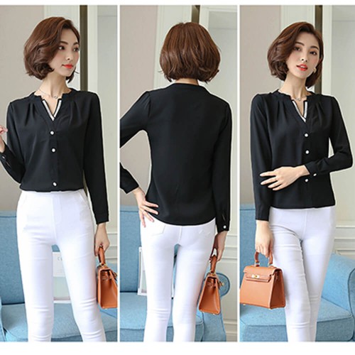 Decorative V Neck Solid Color Women's Shirt - Black |image