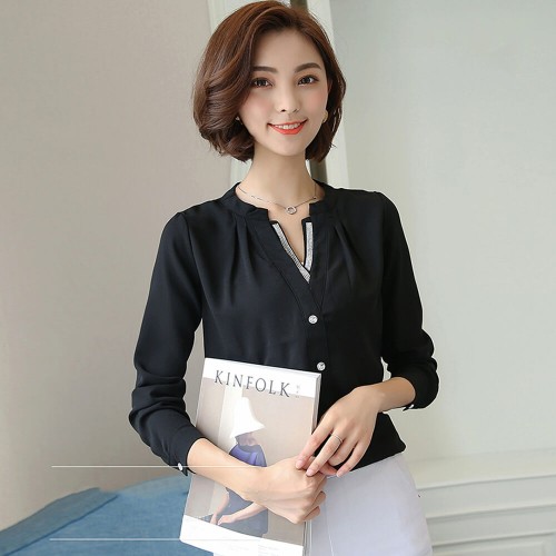 Decorative V Neck Solid Color Women's Shirt - Black |image