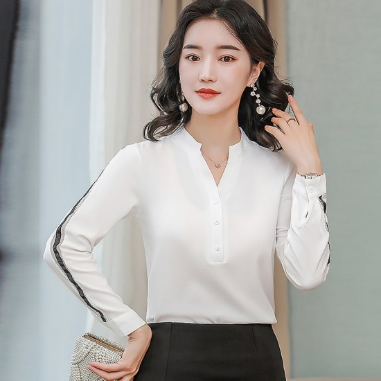 Round Neck Classic Style Long Sleeve Chiffon Shirt - White |image