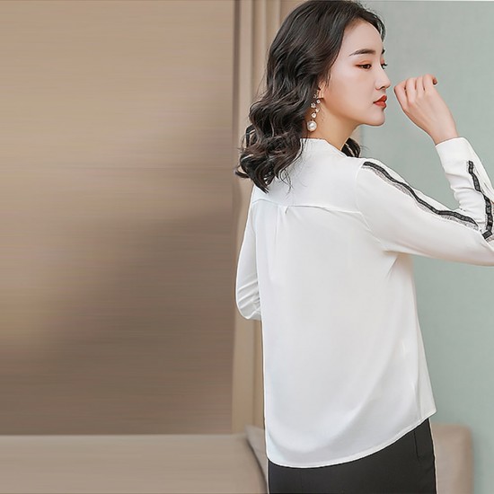 Round Neck Classic Style Long Sleeve Chiffon Shirt - White |image